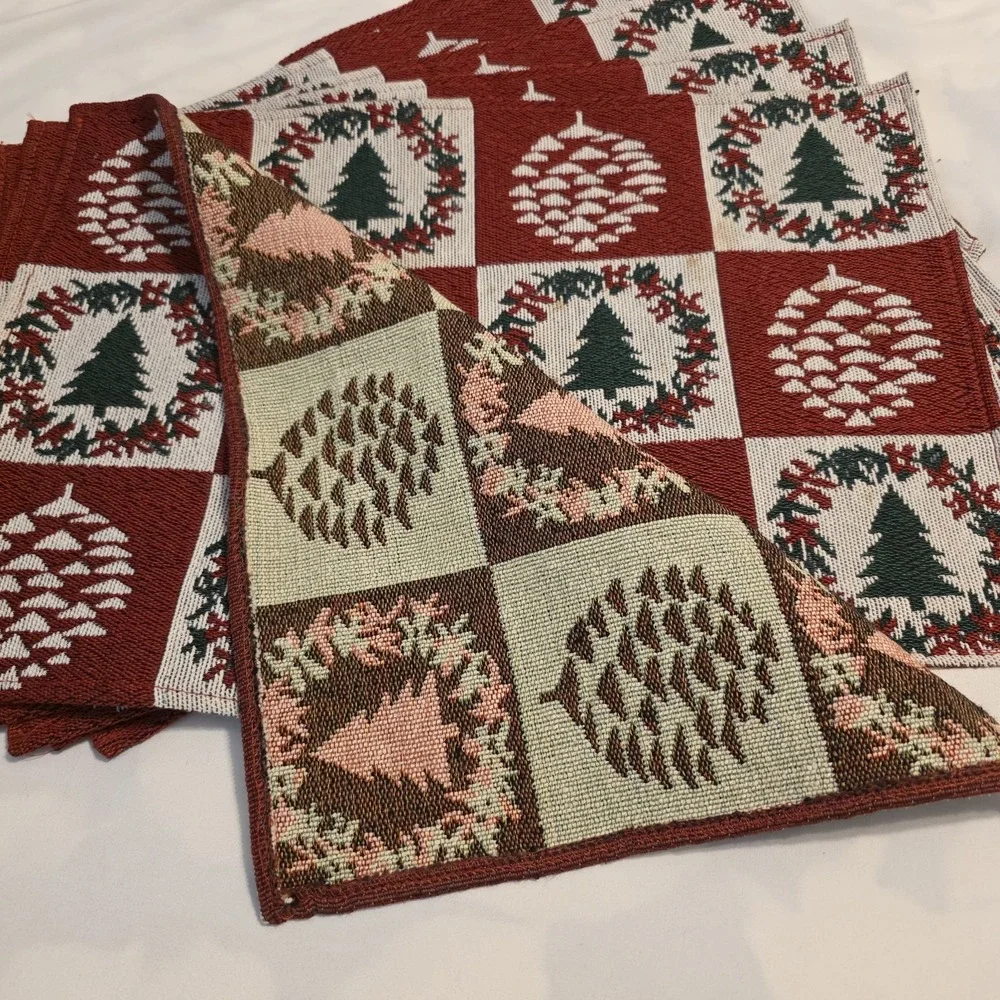 Set of 6 Christmas Tree Pinecone Tapestry Placemats Table Mats Red Green NOTE‎
